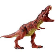 a toy dinosaur with its mouth open on a white background