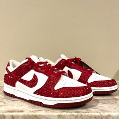 Nike Dunks With Ruby Red Gems Authentic, Brand New With Box Women Size: Us 7.5 Men Size: Us 6 Red Nike Dunks, Nike Shoes Woman, Quinceanera Heels, Red Quince Theme, Quince Heels, Red Quinceanera Ideas, Red And Gold Quince, Quinceanera Red, Quinceanera Shoes