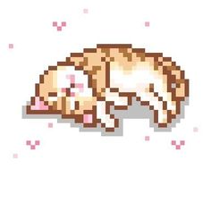 a pixellated image of a cat sleeping on its back with pink dots around it