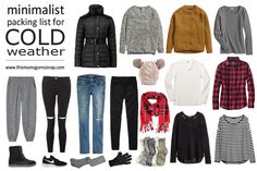 an image of a poster with clothes and shoes on it that says minimalist packing list for cold weather