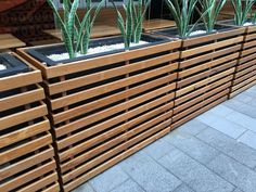 several wooden planters with plants in them