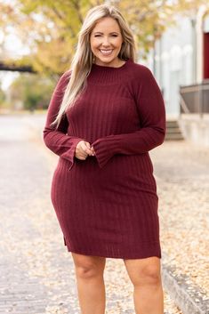 Chic Soul plus size clothing, burgundy solid long sleeve sweater dress Burgundy Sweater Dress Outfit, Sweater Dress With Boots, Burgandy Sweater, Burgundy Sweater Dress, Plus Size Sweater Dress, Figure Fashion, Chic Soul, Sweater Dress Outfit, Chic Sweater