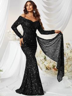 Color: CamelPattern Type: PlainType: BodyconDetails: Ruched, Wrap, ZipperNeckline: Off the ShoulderSleeve Length: Long SleeveSleeve Type: Regular SleeveLength: MaxiHem Shaped: MermaidWaist Line: High WaistFit Type: Slim FitFabric: Slight StretchMaterial: SequinsComposition: 95% Polyester, 5% ElastaneCare Instructions: Hand wash,do not dry cleanSheer: No Shine Dress, Formal Cocktail Party, Formal Wedding Guests, Dress Formal, Wedding Bridesmaid Dresses, Homecoming Dress, Formal Wedding, Special Occasion Dresses, Evening Gown