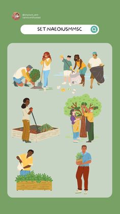 an image of people working in the garden with trees and other things to plant on them