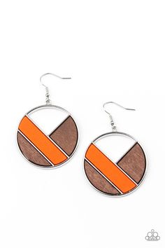 Featuring orange and brown finishes, geometric wooden frames piece together inside an airy silver hoop for a modern look. Earring attaches to a standard fishhook fitting.

 Sold as one pair of earrings. Join Paparazzi, Paparazzi Jewelry Images, Paparazzi Accessories Jewelry, Orange Boxes, Orange Earrings, Fish Hook Earrings, Paparazzi Accessories, Green Earrings, Paparazzi Jewelry