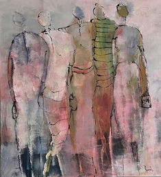 an abstract painting with three people standing next to each other