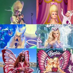 four different pictures of barbie dolls and their names