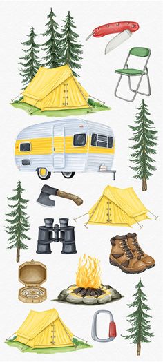 watercolor illustration of camping equipment including a camper, tent, and firepit