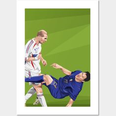 a painting of two men playing soccer against each other on a green background with white border