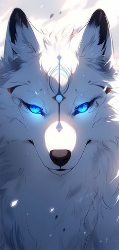 a white wolf with blue eyes stares into the distance while surrounded by snowflakes