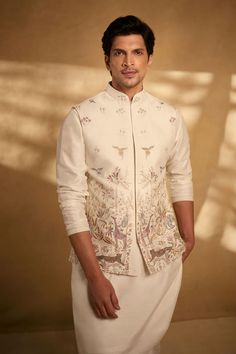 Off white bundi with all-over threadwork animal patterns and stone embellishments. Comes with kurta and pant. - Aza Fashions Collar Kurta, White Kurta, Nehru Jacket, Silk Kurta, Nehru Jackets, Cocktail Reception, Animal Patterns