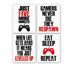 four posters with different sayings on them, each featuring video games and gaming controllers