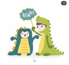 two children dressed as alligators holding up a roar sign