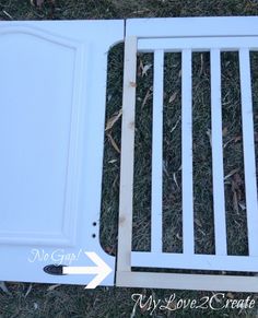 the bottom part of a white door with an arrow pointing to it and another piece of wood that has been cut in half