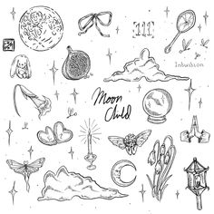 the moon and stars are drawn in black ink on a white paper with words that read,