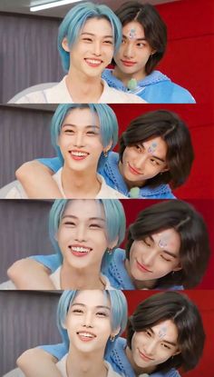 three different pictures of two people with blue hair and one is smiling at the camera