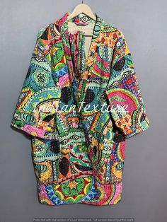 Cotton Multicolor Jacket, Indian Floral Jacket, Unique Gift For Her, Cotton Lightweight Jacket, All Season Wearable Overcoat, https://www.etsy.com/listing/1376944712/cotton-multicolor-jacket-indian-floral Quilted Robe, Winter Kimono, Cotton Robes, Pyjama Sets, Cotton Kaftan, Screen Printed Fabric, Kantha Quilts, Cotton Pajama Sets, Floral Jacket