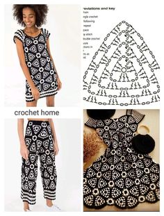 the crochet pattern is shown in three different pictures, including a dress and pants