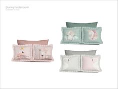 four pillows with unicorns on them are shown in three different colors and sizes, including pink