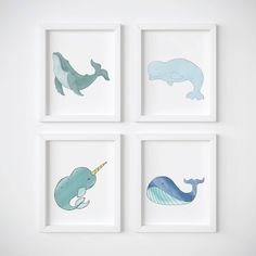 four framed pictures with animals on them in blue and green colors, hanging on the wall