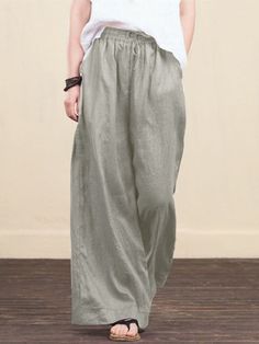 Plain Loose Cotton-blend Linen & Cotton Bottoms Linen Fashion Women, Fashion Trousers Women, Linen Fashion, Wide Leg Palazzo Pants, Loose Trousers, Wide Leg Linen Pants, Weave Style, Trouser Style, Pantalon Large