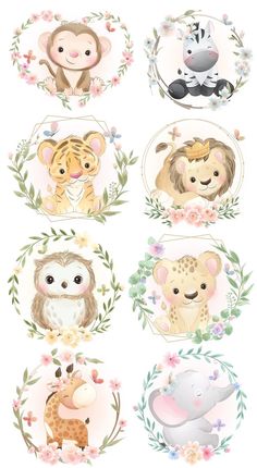 an animal sticker sheet with different animals in the center and flowers around it, all on