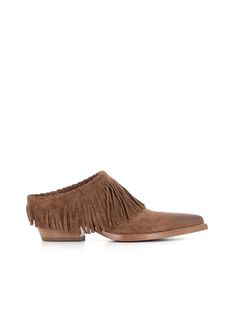 Tobacco soft suede pointed Sabot by Sartore, featuring decorative fringes and matching stitching. Lined interior. Leather sole. Heel: 5 cmComposition: Suede Western Suede Boots With Tassels, Brown Leather Fringe Boots, Brown Western Boots With Tassels, Bohemian Suede Fringe Boots, Western Suede Fringe Boots, Bohemian Suede Boots With Fringe, Bohemian Style Fringe Suede Boots, Western Style Suede Boots With Fringe, Leather Pointed Toe Boots With Fringe