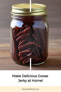 Jar of homemade goose jerky on a wooden table. Goose Jerky Recipe, Black Bean Dip Recipe