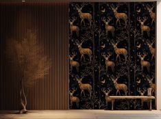 a room with deer wallpaper and a bench in front of the curtained window