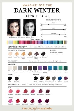 Winter Season Makeup Color Palettes, Cool Dark Winter Color Palette, Nail Colors For Deep Winter, Makeup For Cool Winter Skin Tone, Cool Skin Tone Makeup Looks, Dark Winter Pallette, Make Up For Deep Winter, Winter Skin Tone Makeup, Deep Winter Makeup Colors