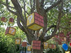 a tree that has some boxes hanging from it