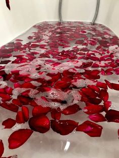 red rose petals floating in water on a white tablecloth with metal handles and legs