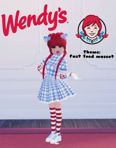 a doll is standing in front of a sign that says wendy's them fast food mascot