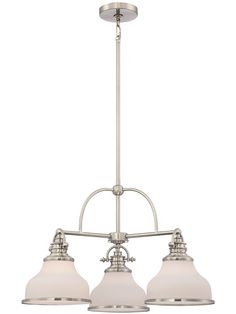 three light chandelier with white glass shades on the bottom and two lights above it