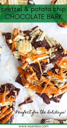 pretzel and potato chip chocolate bark recipe with text overlay that reads pretzel & potato chip chocolate bark