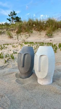 two cement sculptures sitting on top of a sandy beach next to grass and bushes in the sand