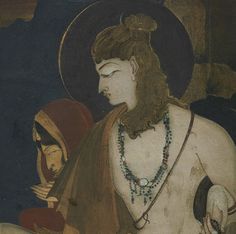 an old painting of a man and woman with beads on their necklaces, sitting next to each other