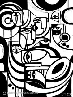 a black and white painting with many different shapes