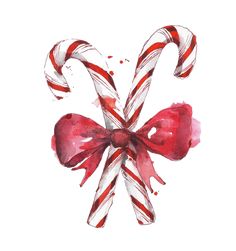 a watercolor painting of candy canes with bows