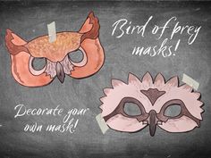 two masks on a chalkboard with the words bird of prey masks decorate your own mask