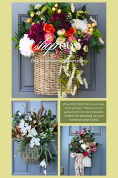 the front door is decorated with flowers and greenery for this spring's decor