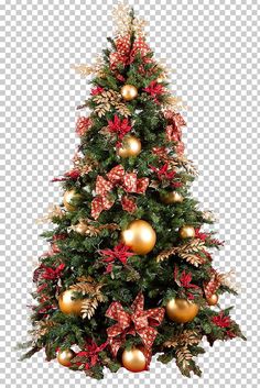 a christmas tree decorated with gold and red ornaments, transparent background png clipart