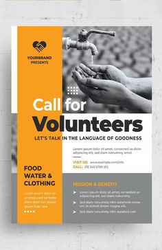 an orange and gray flyer for volunteers with two hands reaching out to water from a faucet