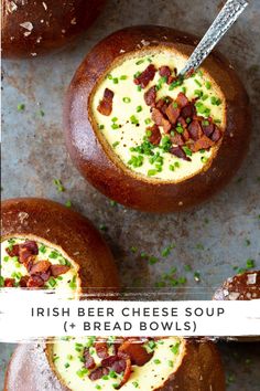 irish beer cheese soup in bread bowls