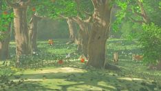 an image of a forest with animals in the grass and on the ground near trees