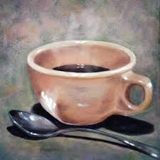 a painting of a coffee cup and spoon