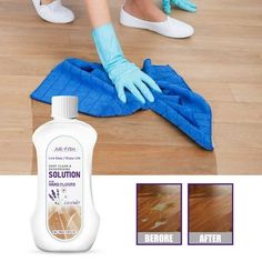 a person in blue gloves and white shoes is cleaning the floor with a microfiber