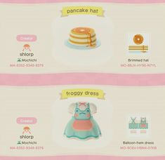 some food items that are on top of a pink and white tablecloth with the words pancake hat and froggy dress