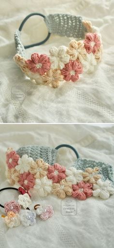 crocheted headbands with flowers on them are shown in two different colors