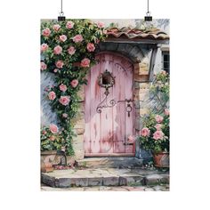 a painting of a pink door surrounded by flowers